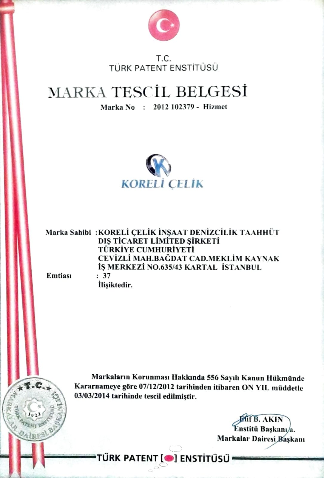 Koreli Çelik Marka Tescil Belgesi
